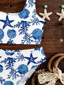 SHEIN Fresh Blue Seashell & Marine Life, Starfish Coral Print Pattern Young Girl Casual Minimalist Tankini Swimwear Set, Suitable For Summer - Multicolor - View 3