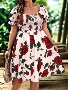 EMERY ROSE Plus Size Women's Square Neck Petal Sleeve Brown Red Rose Vacation Retro Peplum Decorated Button Front Dress - Multicolor - View 1