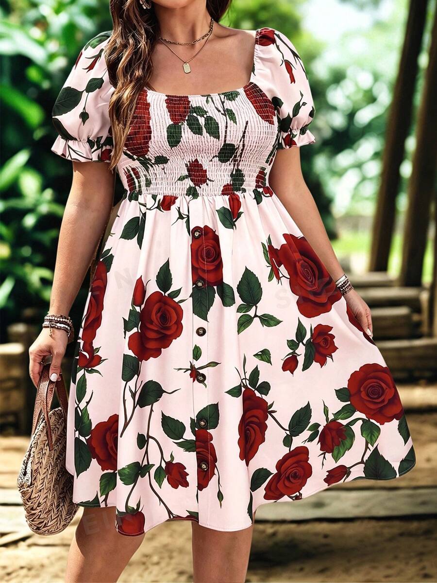 EMERY ROSE Plus Size Women's Square Neck Petal Sleeve Brown Red Rose Vacation Retro Peplum Decorated Button Front Dress - Multicolor - View 1