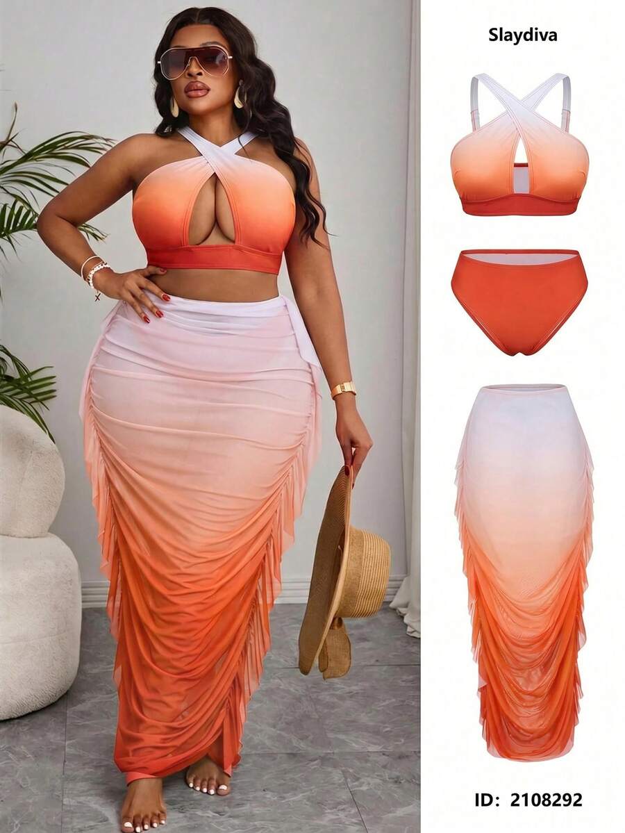 Slaydiva Plus Size Vacation Beach Gradient Bikini Swimsuit With Ruffle Cover-Up Skirt Set - Multicolor - View 1