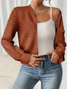 SHEIN Frenchy Women's Solid Color Long Sleeve Zip-Up Collar Casual Baseball Jacket In Fall/Winter - Brown - View 5
