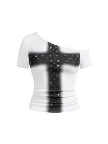 ROMWE Grunge Punk Camiseta ajustada de talla grande con estampado de cruz de remache metálico punk y cuello asimétrico - Blanco - Ver 1