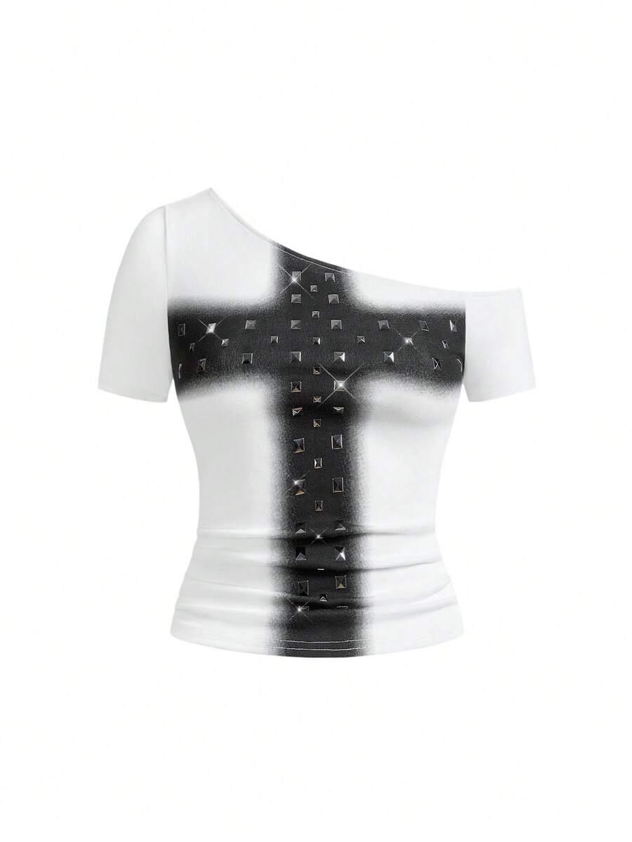 ROMWE Grunge Punk Camiseta ajustada de talla grande con estampado de cruz de remache metálico punk y cuello asimétrico - Blanco - Ver 1