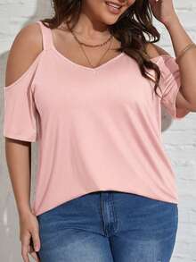 SHEIN LUNE Plus Size Women's Cute Off-Shoulder T-Shirt, Versatile For Daily Wear And Commuting - Pink - View 3