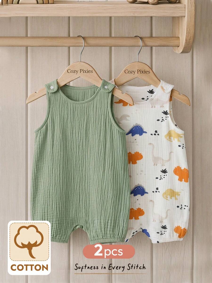 Cozy Pixies 2pcs Newborn Baby Boy Summer Cute Crepe Cartoon Dinosaur & Solid Color Romper Set - Green - View 1