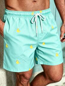 Genlund Men's Yellow Duck Print Beach Shorts - Mint Blue - View 5