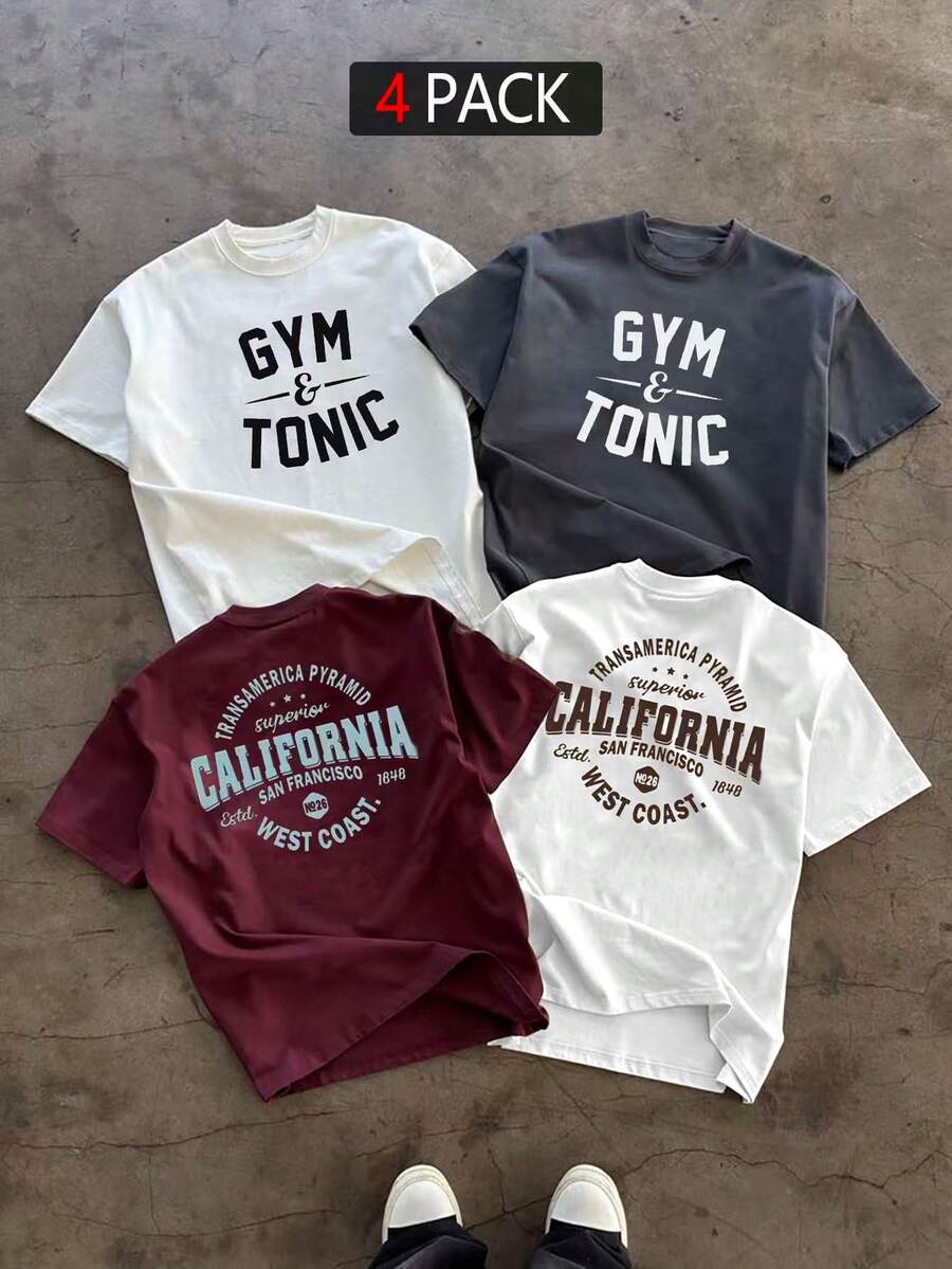 Gym Rark 4pcs Men's Casual Letter Print Short Sleeve Sports T-Shirts, Suitable For Daily Commute In Summer, Gym, Holiday - White - View 1