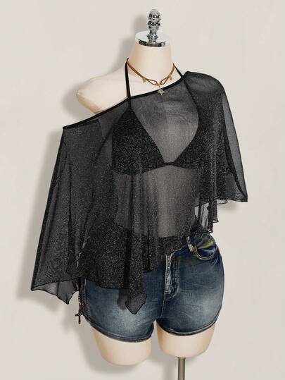 SHEIN ICON Plus Size Women's Asymmetric Hem Sheer Overlay Top With Glitter Details