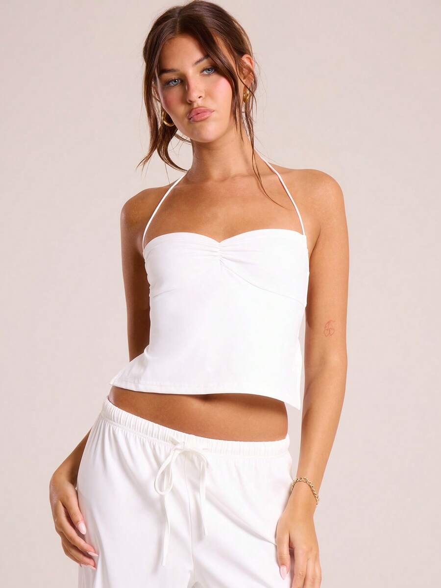 MUSERA Halter Neck Ruched Bust Front Top Holiday Ibiza Beachwear Capsule Wardrobe Everyday Back To School - White - View 1