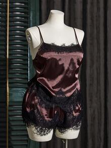 SilkySpell Asymmetrical Lace Trim Faux Silk Camisole And Lace Shorts Plus Size Pajama Set - Coffee Brown - View 7
