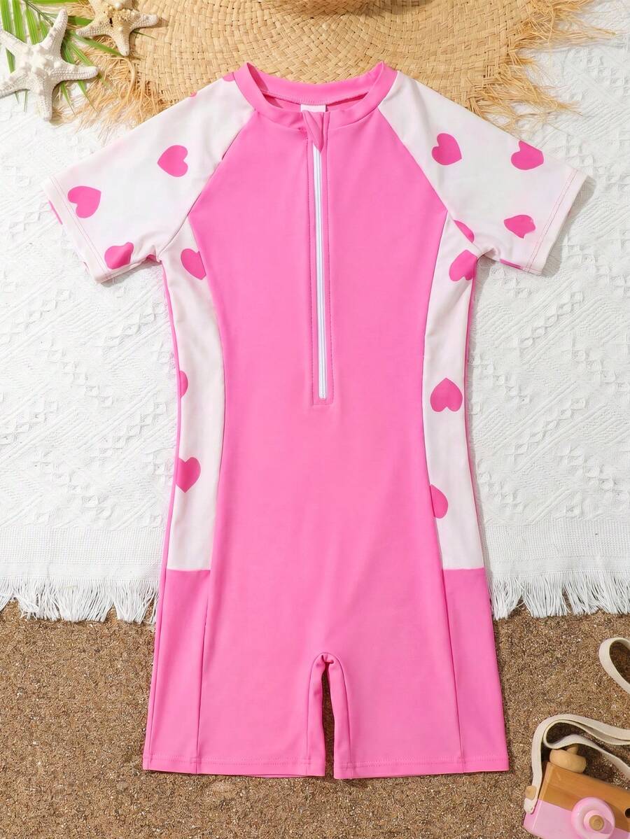 SHEIN Đồ bơi một mảnh có khóa kéo phía trước DS72 dành cho bé gái tuổi teen, thời trang cho mùa hè - Hồng - Xem 1