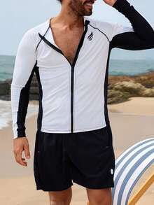 DAZY Men's Patchwork Color Block Letter Print Zipper Front Rash Guard Swimwear Vacation Summer - Multicolor - View 3
