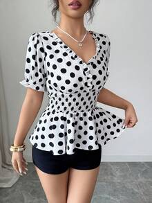 SHEIN LUNE Random Print Summer Women's Blouse, Polka Dot Print, Deep Shirred With Ruffle Trim, Puff Sleeves, Cinched Waist, Heavy Pleating, Slimming A-Line - White - View 3