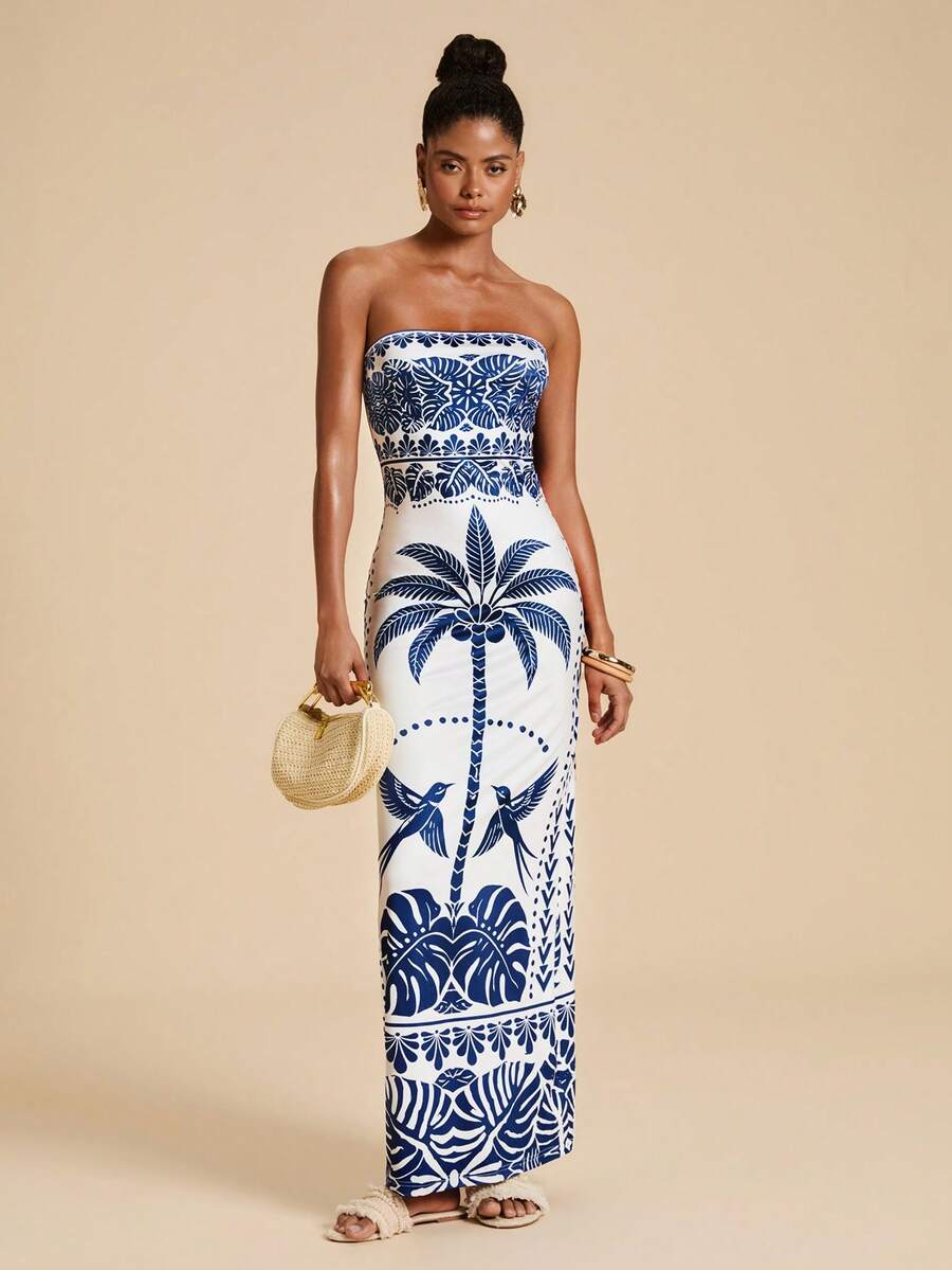 Travachic Women's Palm Tree Print Bandeau Fitted Dress, Vacation - Blue and White - View 1