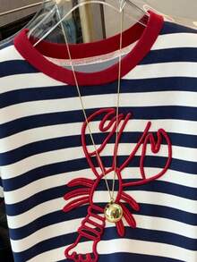 SHEIN EZwear 95%纯棉女士休闲宽松圆领短袖T恤 - 条纹龙虾印花，街头朋克复古西部风格，适合度假、毕业典礼、返校、夏季、骑行等场合 - 彩色 - 查看 4