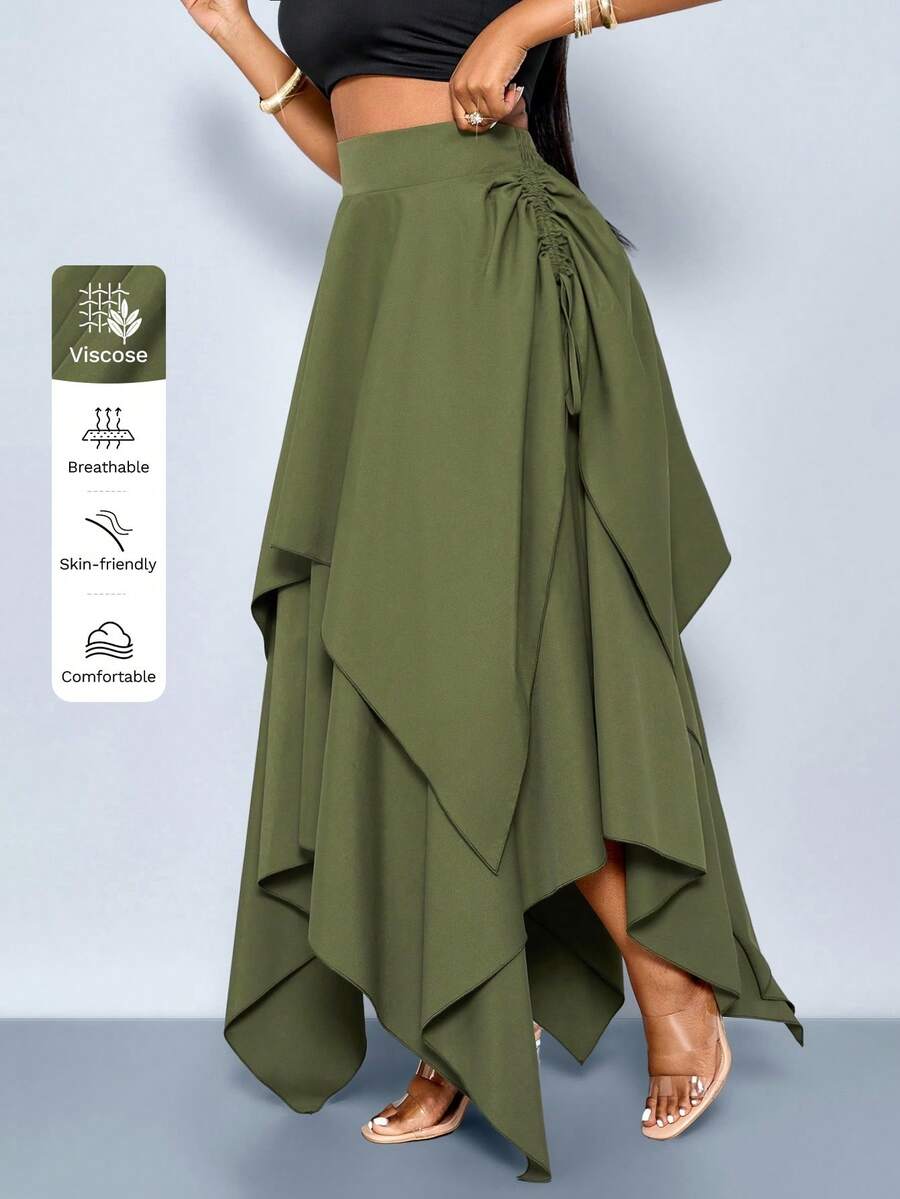 SOLERSUN Damen-Sommerrock in Olivgrün, Boho-Urlaubsstil, lässig, mit elastischem Bund, asymmetrischem Saum, Kordelzug, locker, einfarbig, lang, bequem, oversized