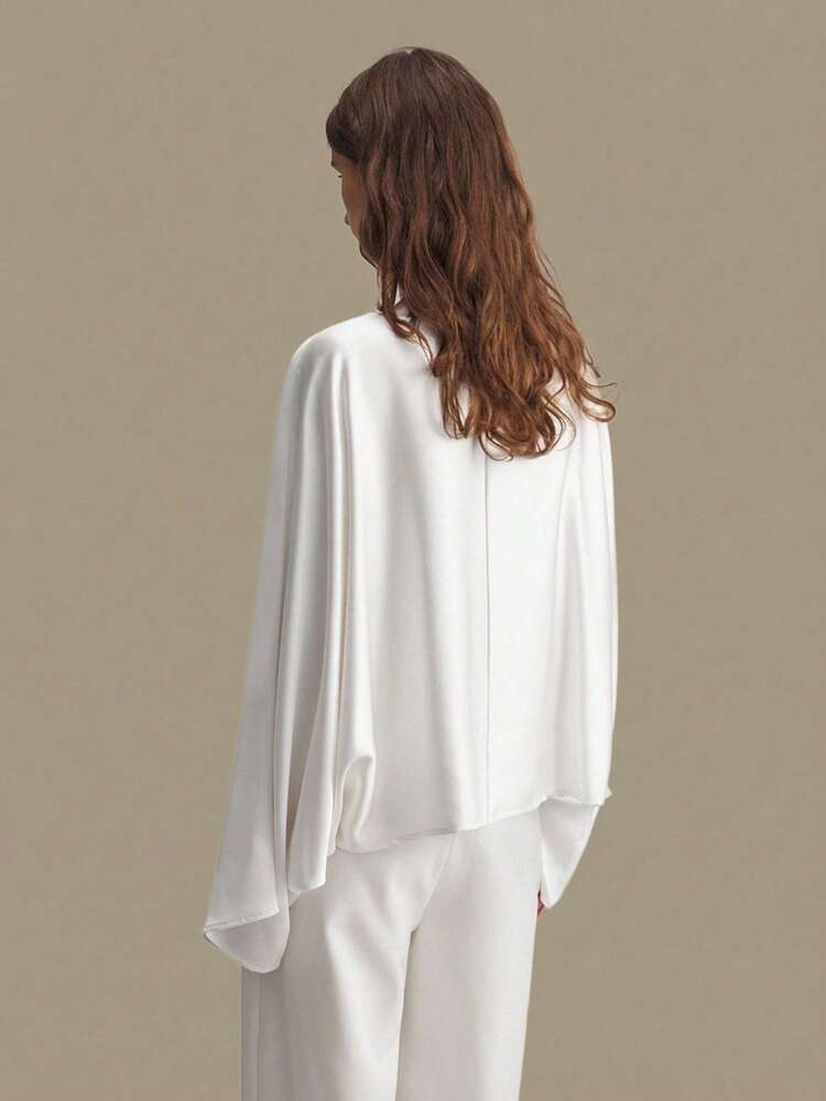 2026 SS Women's Satin Oversized Minimalist Elegant Business Casual Top, Boat Neck Long Sleeve Ladies Top For Urban Commute, Business Casual, Holiday, Beach, Party, Wedding Guest