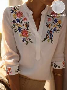 EMERY ROSE Camisa casual de mujer con cuello split y estampado retro - Blanco - Ver 1