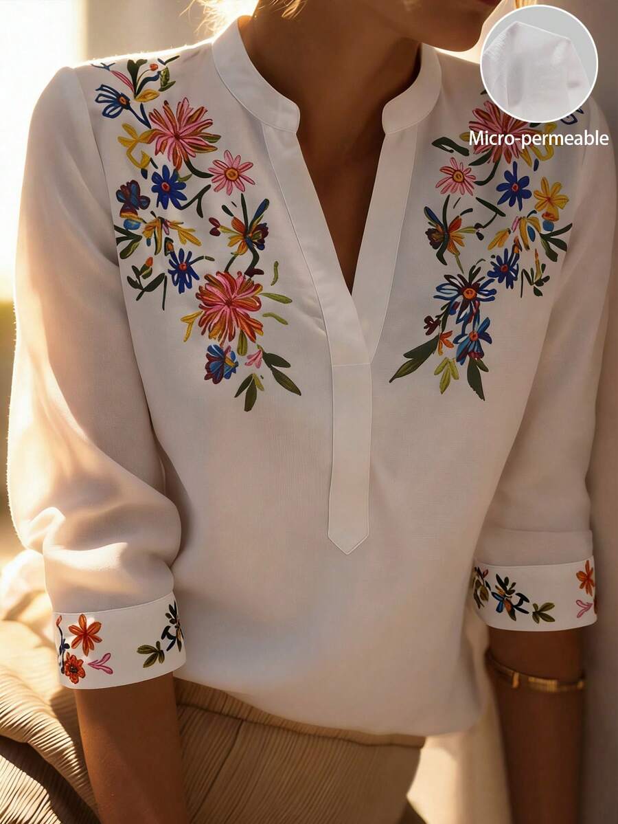 EMERY ROSE Camisa casual de mujer con cuello split y estampado retro - Blanco - Ver 1