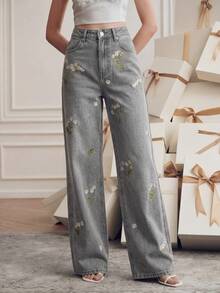 Anewsta Jeans de pierna recta con bordado floral - Gris - Ver 4