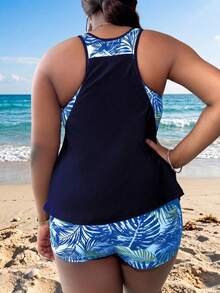 Swim Lushoire Bãi biển mùa hè Plus Size Nhiệt đới in vải xếp nếp Tankini - Màu xanh hải quân - Xem 2