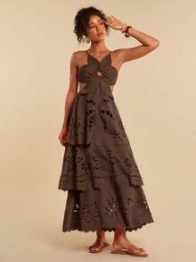 Travachic Solid Color Woven Multi-Layer Ruffle Hem Spaghetti Strap Backless Dress For Women, Spring/Summer - Brown - View 6