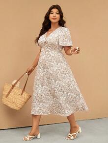 Elaquor Plus Size Women Floral Print Front Knot Ruched Short Sleeve Dress - Apricot - View 5