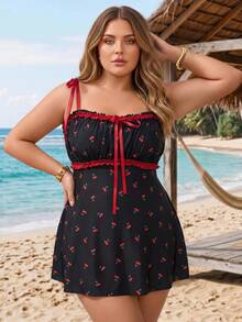 SHEIN CURVE+ Swim Mod 2026 New Plus Size Cherry Print Casual Cute Tankini Swimsuit Set - Black - View 5
