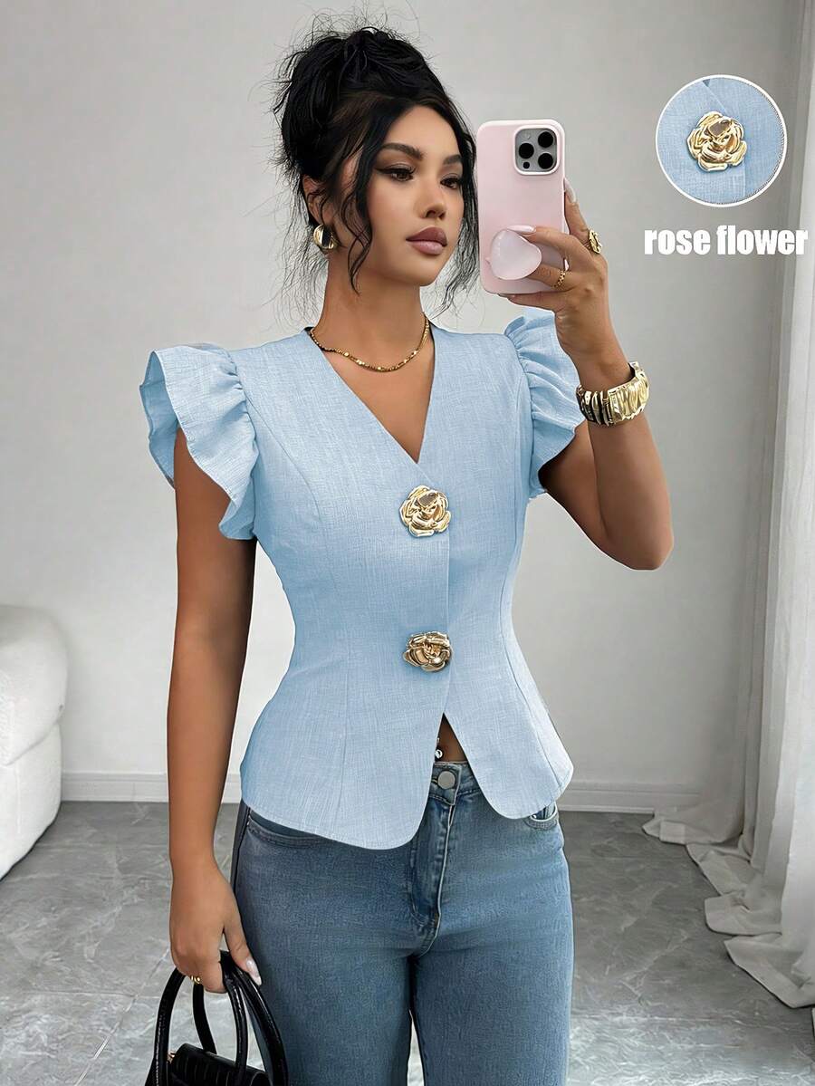 SHEIN Elenzya 女款優雅V領金屬扣飾裝飾、收腰設計與荷葉袖、精緻女士襯衫 - 淺藍色 - 查看 1