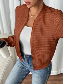 SHEIN Frenchy Women's Solid Color Long Sleeve Zip-Up Collar Casual Baseball Jacket In Fall/Winter - Brown - View 4