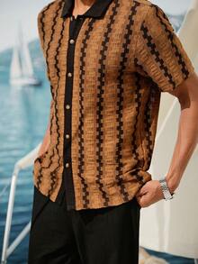 Rafferiza Men's Casual Striped Short Sleeve Shirt, Summer - Coffee Brown - View 4