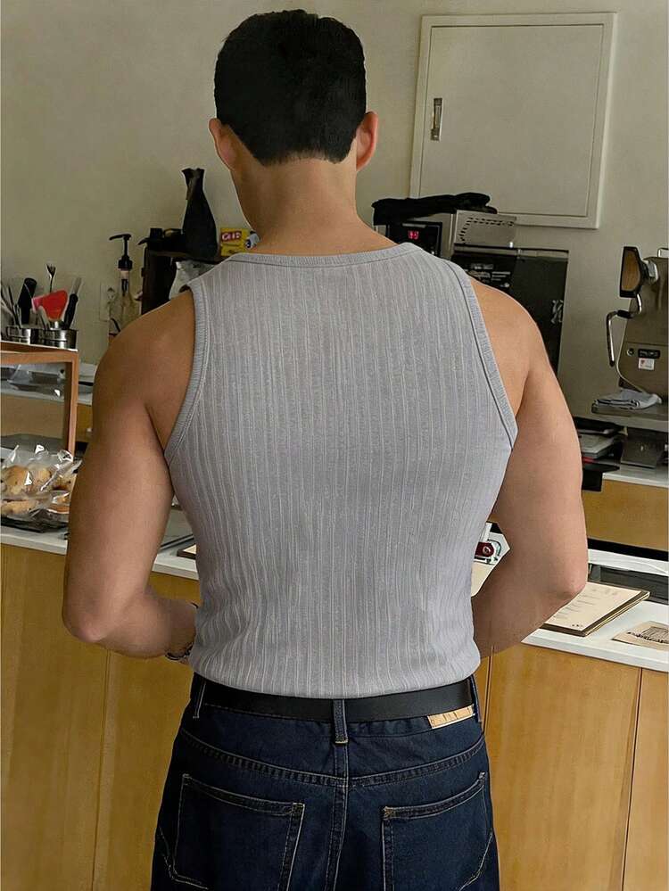 Men's Textured Slim Fit Tank Top, Light Grey, Summer