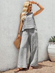 EMERY ROSE Bộ đồ nữ mùa hè kiểu dáng thường ngày, gồm áo tank top cổ tròn cài nút và quần dài. - Nhiều màu - Xem 3