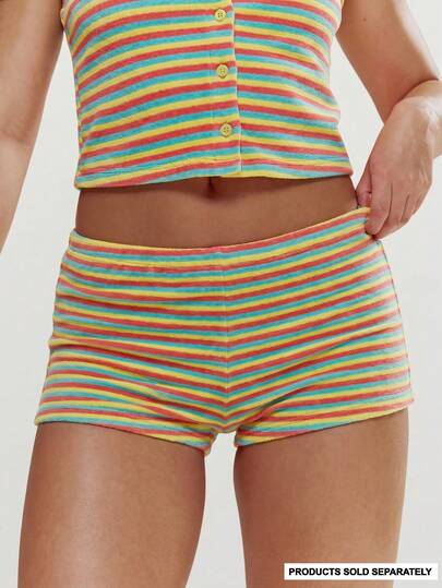 MUSERA Quần short siêu ngắn ôm sát cạp thấp bằng vải nỉ kẻ sọc, chỉ mặc vào mùa xuân hè, dễ thương, nữ tính, thích hợp cho kỳ nghỉ, đi biển, mặc hàng ngày, phong cách sorbet.