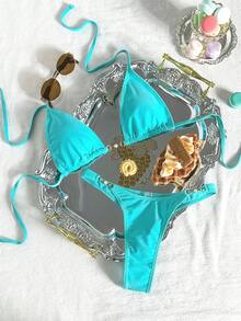 Swim Vcay 女士性感露背系带开衩比基尼套装，简约纯色沙滩度假风 - 藍色 - 查看 2