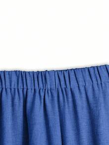 EMERY ROSE Setelan Linen 2 Potong Wanita Ukuran Besar, Atasan Lengan Pendek Leher Bulat Warna Biru Tua dan Celana Panjang Kaki Lebar Pinggang Elastis, Setelan Kasual Elegan untuk Liburan Musim Panas - Baby Blue - View 7