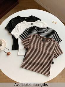 SHEIN Tall CURVE CURVE 新款大尺碼女款高個子休閒百搭短袖T恤，夏季返校高腰上衣，畢業季適用 - 彩色 - 查看 1