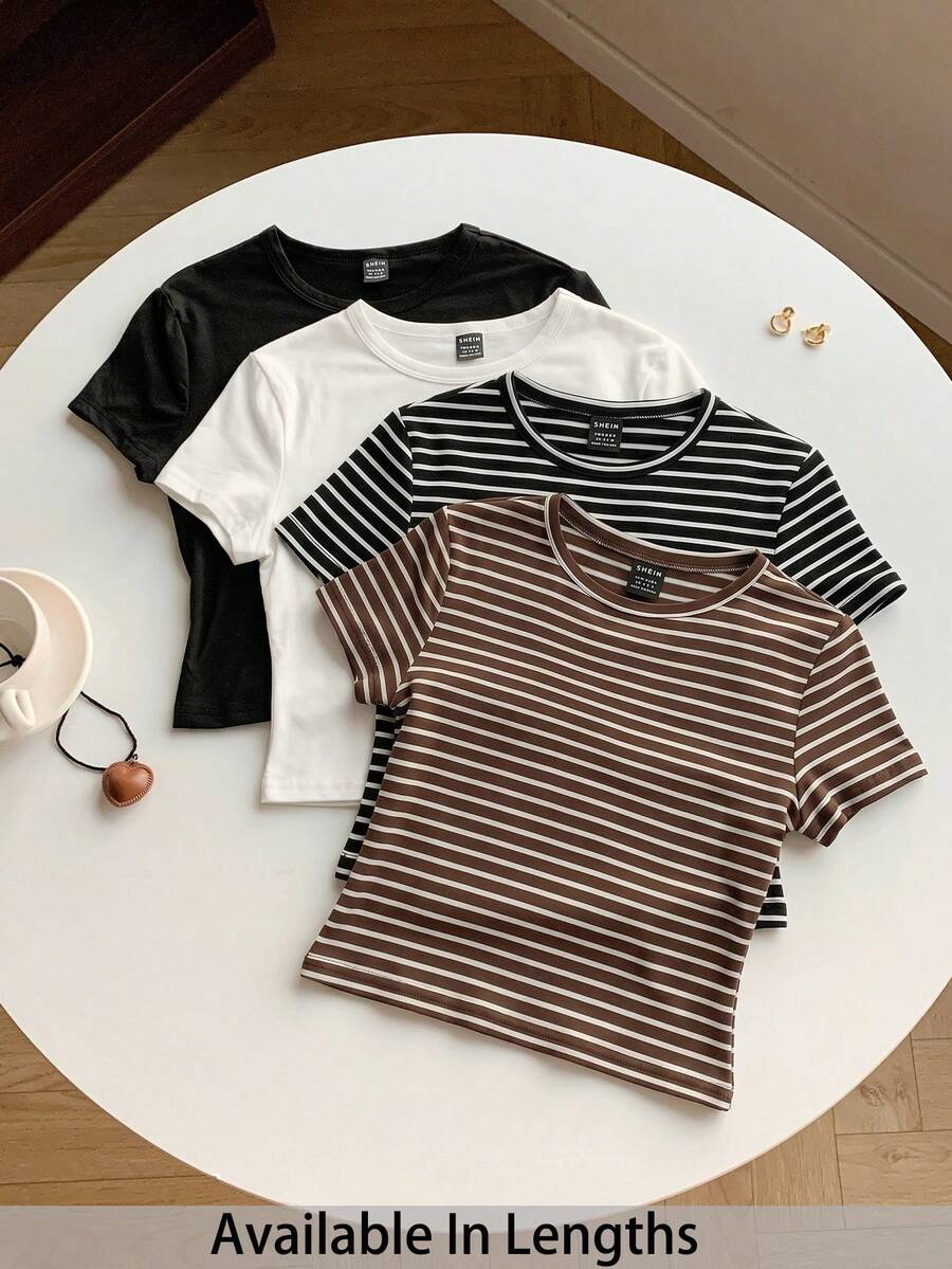 SHEIN Tall CURVE CURVE 新款大尺碼女款高個子休閒百搭短袖T恤,夏季返校高腰上衣,畢業季適用 - 彩色 - 查看 1