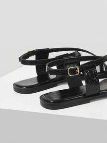MOTF PREMIUM Giày sandal đế bằng hở mũi, kiểu dáng tối giản, thoải mái dành cho nữ, phù hợp cho việc đi làm và đi nghỉ mát. - Đen sáng - Xem 7