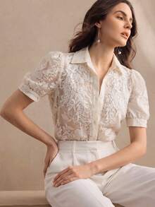 Anewsta New Summer Floral Embroidery & Beaded Decoration Symmetric Blouse For Women - Beige - View 8