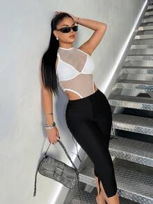 SHEIN SXY Bộ đồ liền thân lưới xuyên thấu gợi cảm - trắng - Xem 3