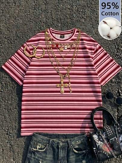 Attitoon 95% Baumwolle rosa gestreiftes Damen Rundhals Loose Kurzarm T-Shirt - Lässiger minimalistischer Retro Punk Y2K Sommer Top mit Tarnungsbaumzweigdruck, perfekt für Musikfestival, Gothic & Western Festival Outfit, süßes Date & Nachmittagstee, süßer Soft Girl & Clean Girl Vintage Stil, Homewear, Schulanfang, Frühlings-/Sommerurlaub