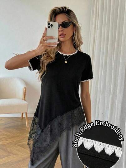 Easowa Women's Asymmetrical Hem Lace Patchwork Shell Embroidery Vintage T-Shirt