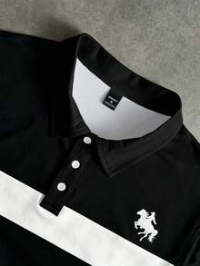 Manfinity Hypemode Men's Casual Polo Shirt With Horse Logo, Black & White Color Block, Suitable For Daily Wear And Gatherings - Multicolor - View 3