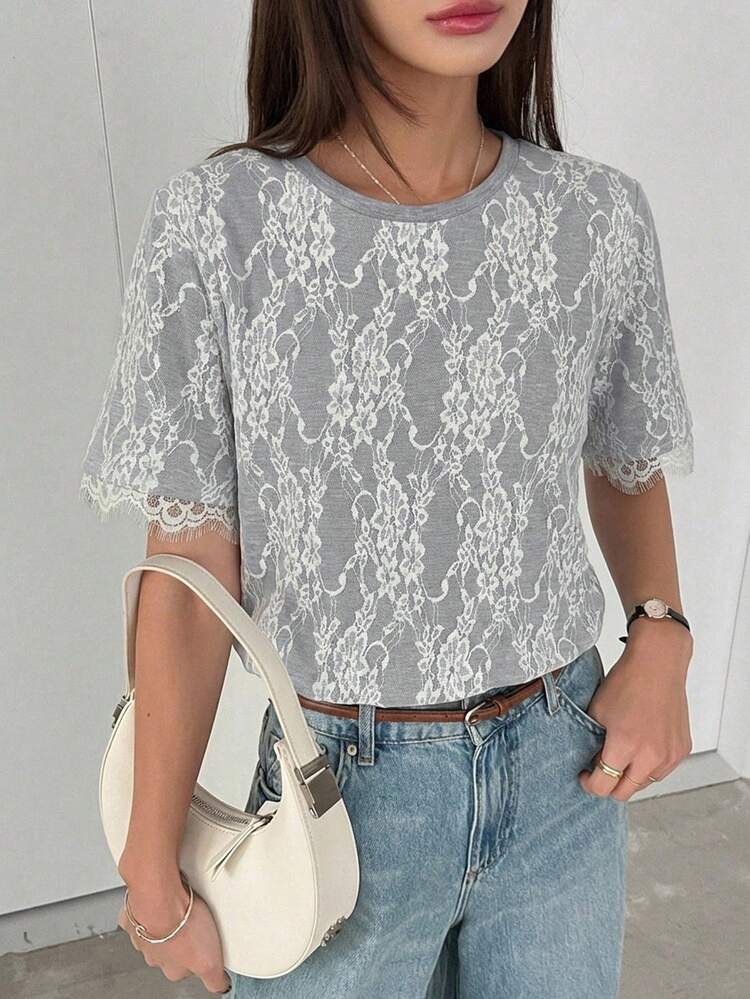 Women's Contrast Lace Loose Short Sleeve Casual T-Shirt