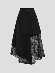 Sweetra 女款黑色不對稱鏤空蕾絲拼接套裝裙,修身中長裙,春/夏 - 黑色 - 查看 4