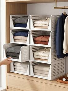 Stackable Plastic Storage Basket, Foldable Wardrobe Partition, Storage Box, Drawer Rack, Suitable For Storage Containers In Wardrobes, Cabinets, Kitchens, Bathrooms, And Offices - White - View 6