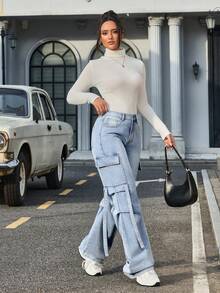 SHEIN Tall 女款純色休閒 Y2K 寬鬆寬腿工裝牛仔褲 日常旅行淺藍色夏季 - 淺色水洗藍 - 查看 7