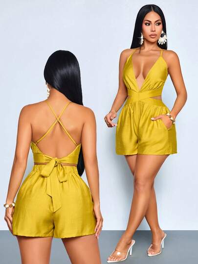 SOLERSUN Women's Beach Vacation Elegant Solid Color Deep V-Neck Backless Blend Waist Crisscross Cutout Wide-Leg  Pocket Jumpsuits,Casual Vacation Outfits For Spring And Summer,Beach-Ready Outfits Rompers For Women Backless Romper Yellow Romper For Women Yellow Playsuit Playsuits For Women Women's Mustard Yellow Spaghetti Strap Criss Cross Sleeveless Short Jumpsuit