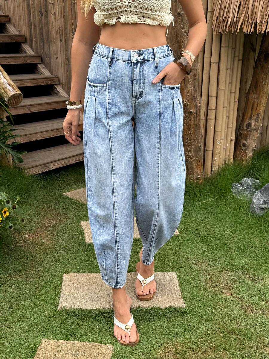 Breezaya Quần jeans nữ ống lửng xếp ly, kiểu dáng thường ngày, chất liệu wash, dành cho nữ. - Màu xanh lam - Xem 1